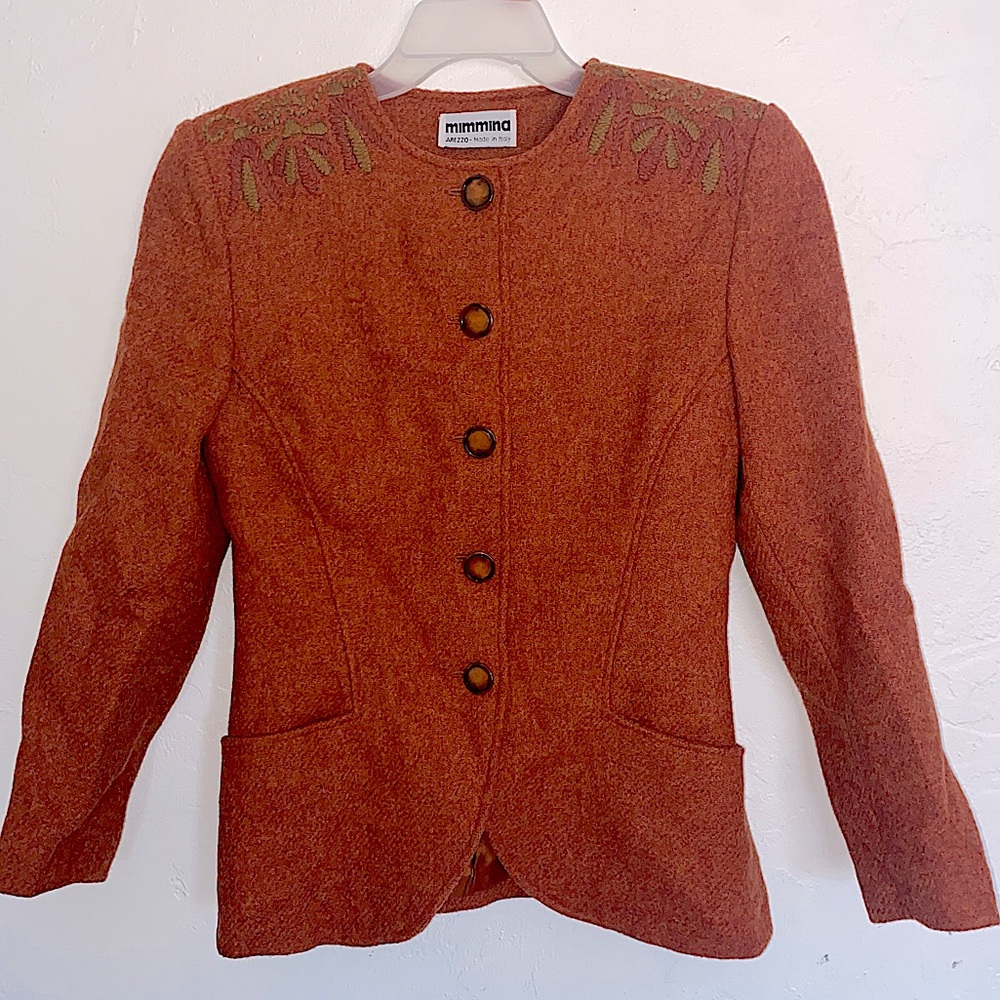 Mimmina Wool Fitted Blazer Made in Italy Embroidered Shoulder with Pockets New